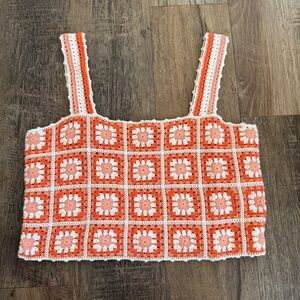 Maje orange granny square boho knit cottage tank top 1